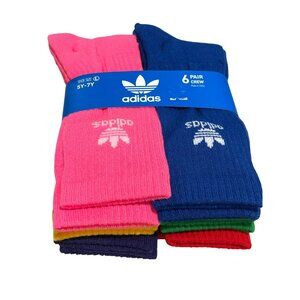 Adidas Kids 6 Pair Crew Socks Assorted Colors Shoe Size 5Y-7Y New